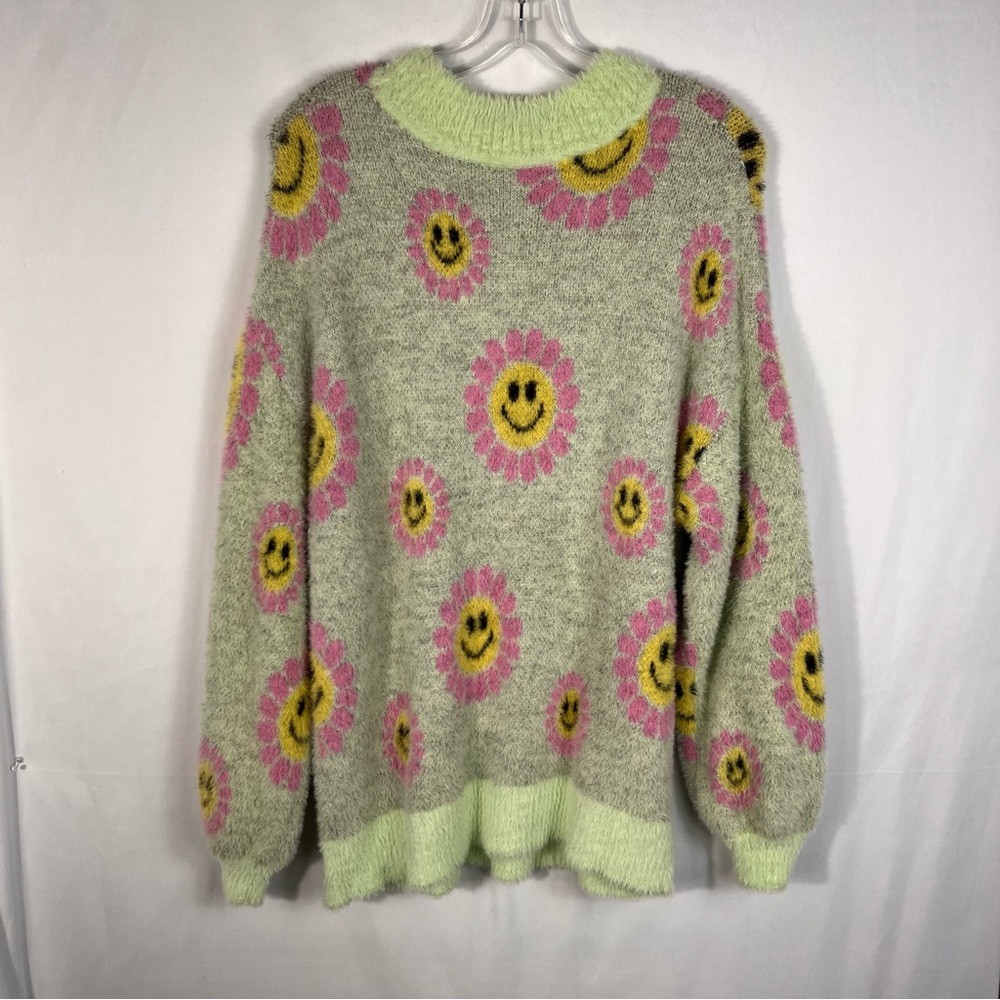 Forever 21 Pastel Green Eyelash Knit Fuzzy Floral Happy Smiley Face Sweater S - Picture 5 of 5
